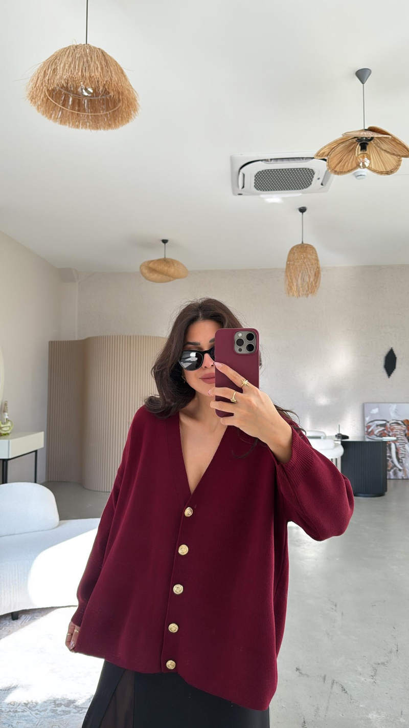 Bordo Gold Düğmeli Hırka