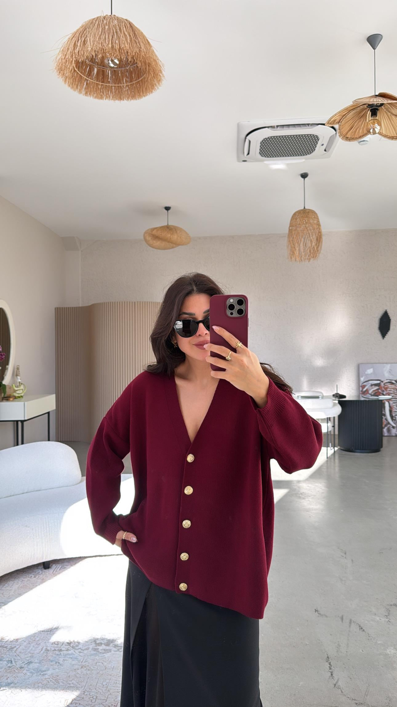 Bordo Gold Düğmeli Hırka