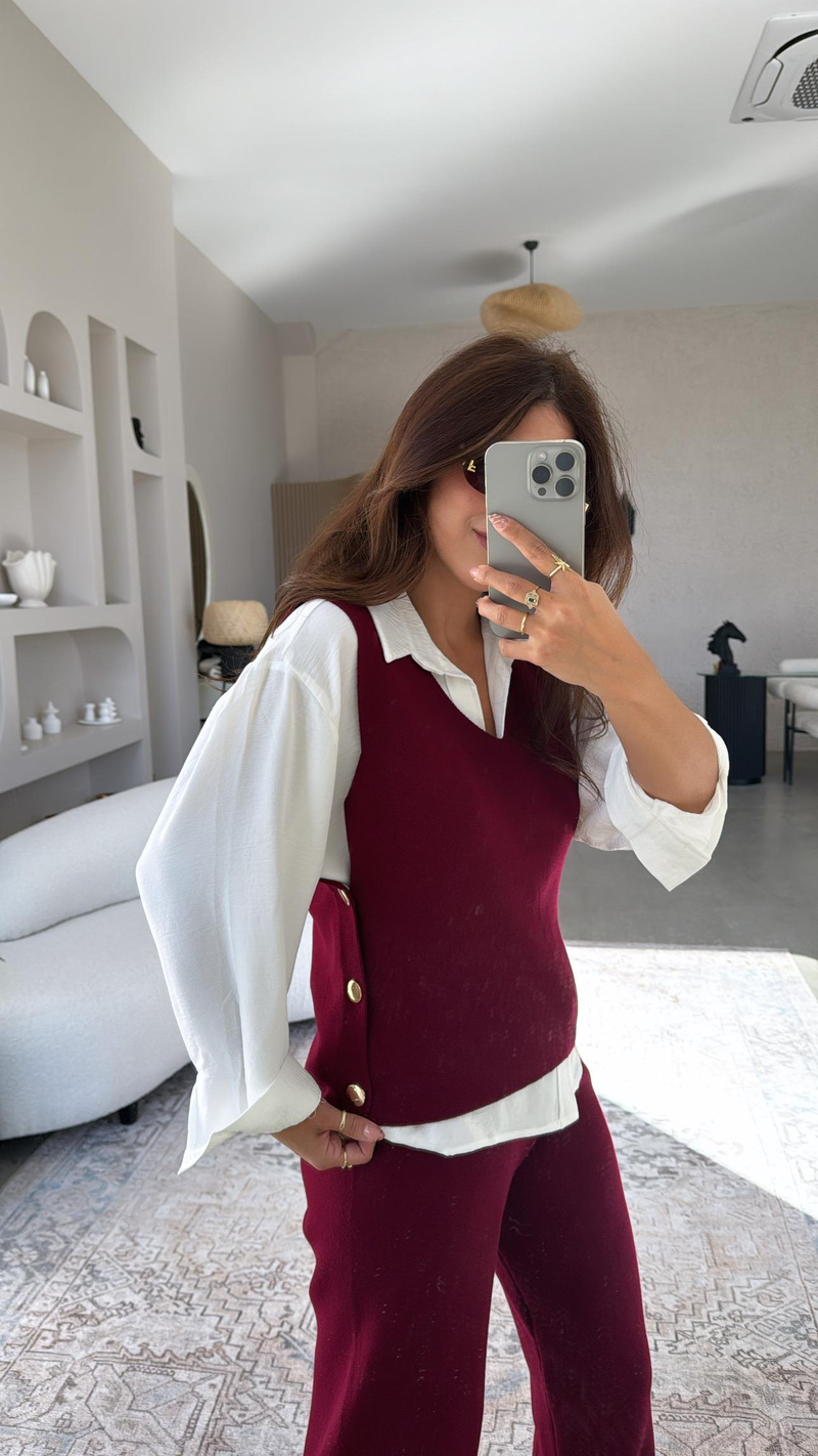 Bordo Gold Düğmeli Yelek Pantolon Triko Takım