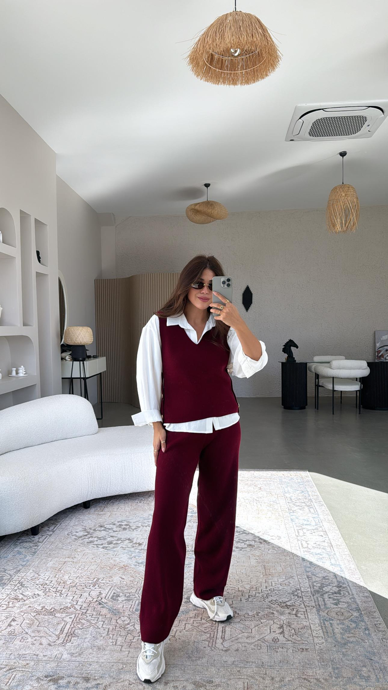 Bordo Gold Düğmeli Yelek Pantolon Triko Takım