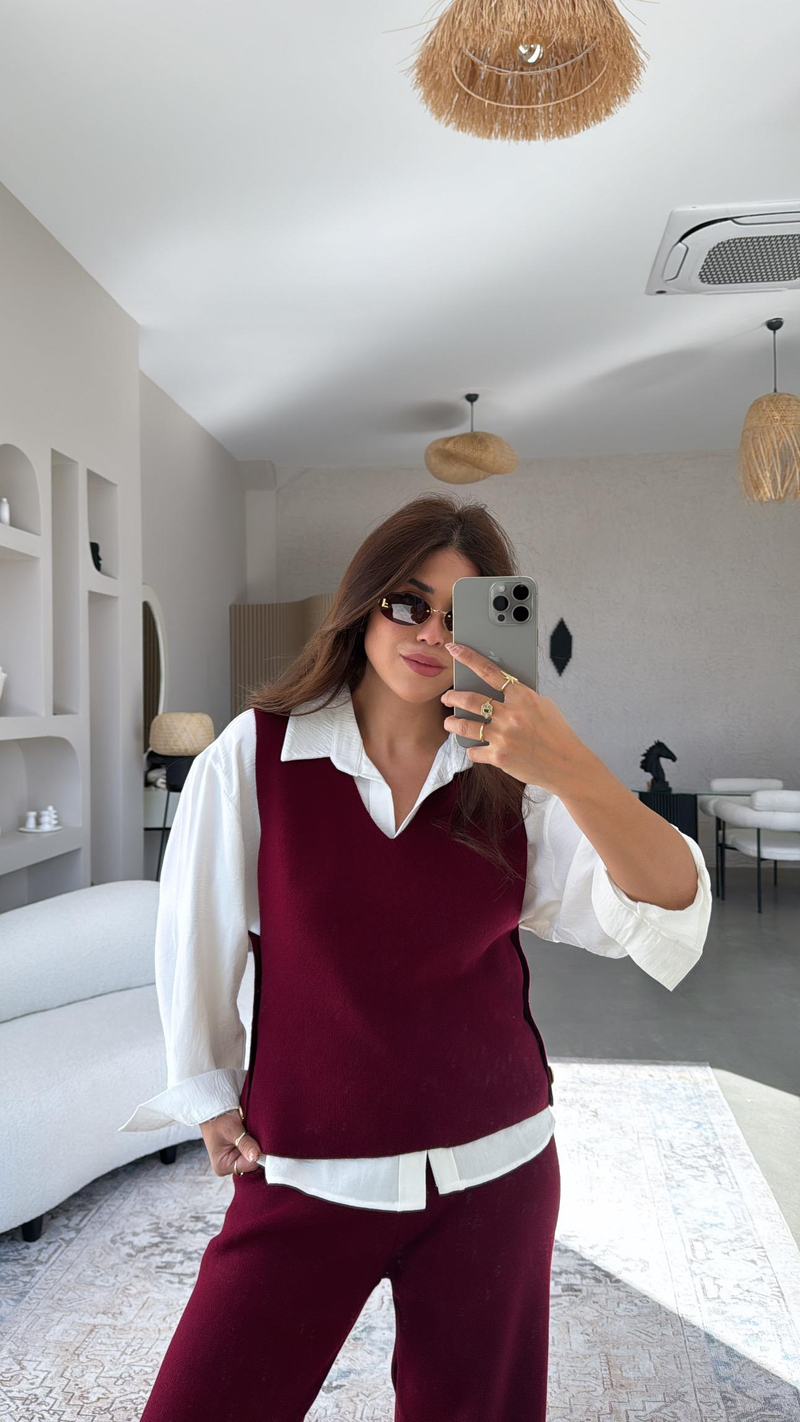 Bordo Gold Düğmeli Yelek Pantolon Triko Takım