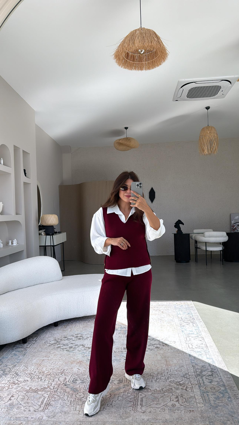 Bordo Gold Düğmeli Yelek Pantolon Triko Takım