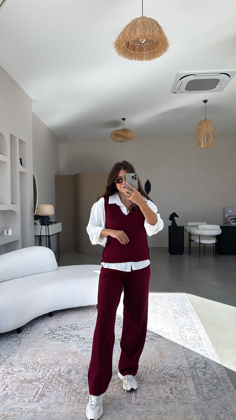 Bordo Gold Düğmeli Yelek Pantolon Triko Takım