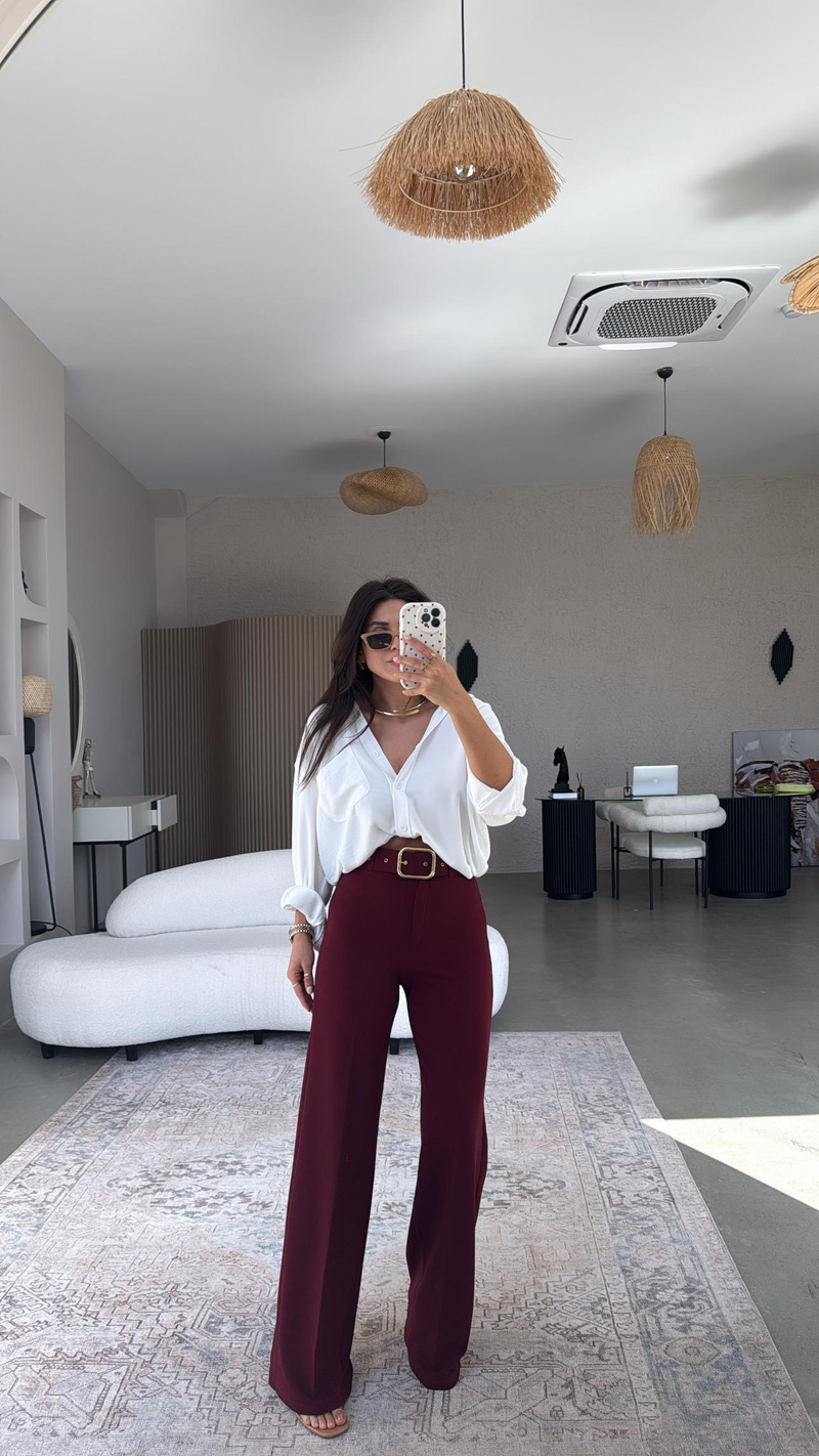 Bordo Gold Kemerli Palazzo Pantolon