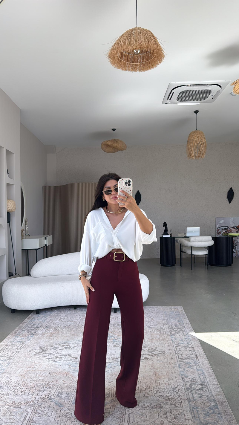 Bordo Gold Kemerli Palazzo Pantolon