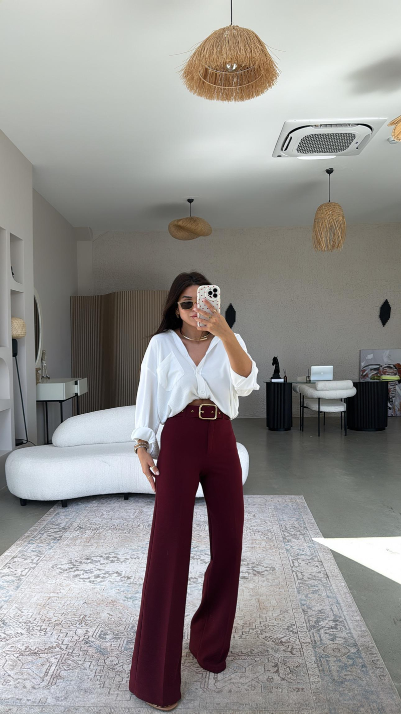 Bordo Gold Kemerli Palazzo Pantolon