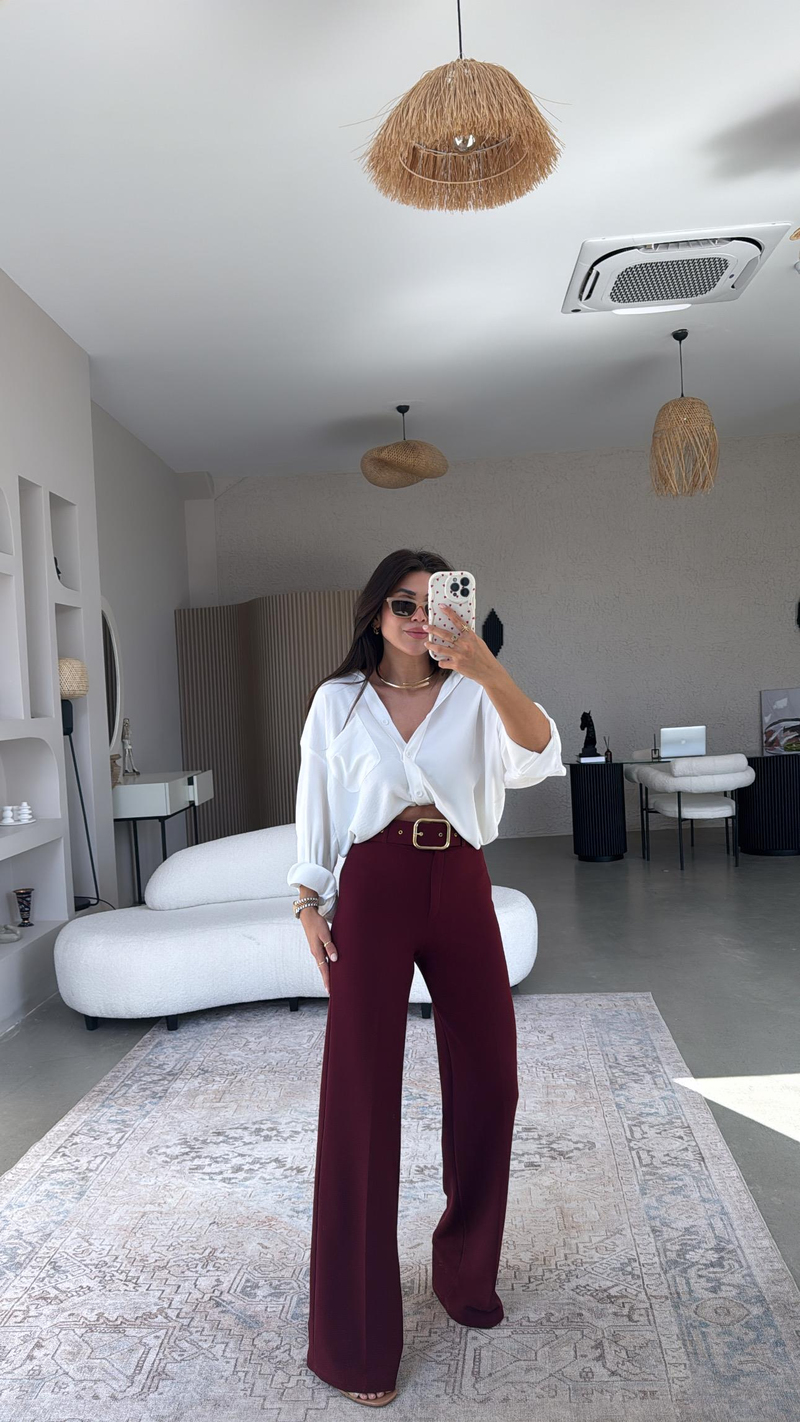 Bordo Gold Kemerli Palazzo Pantolon