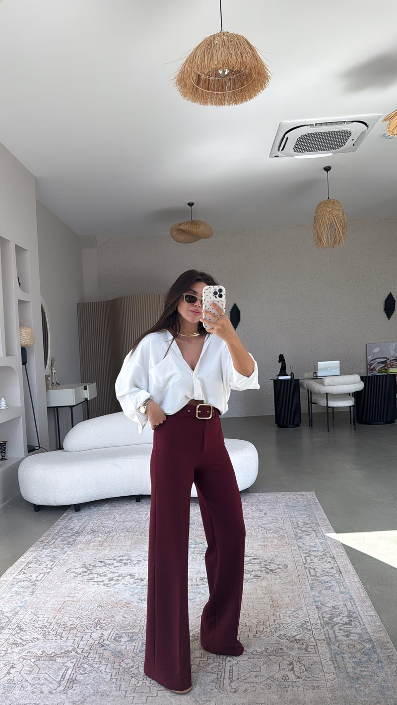 Bordo Gold Kemerli Palazzo Pantolon
