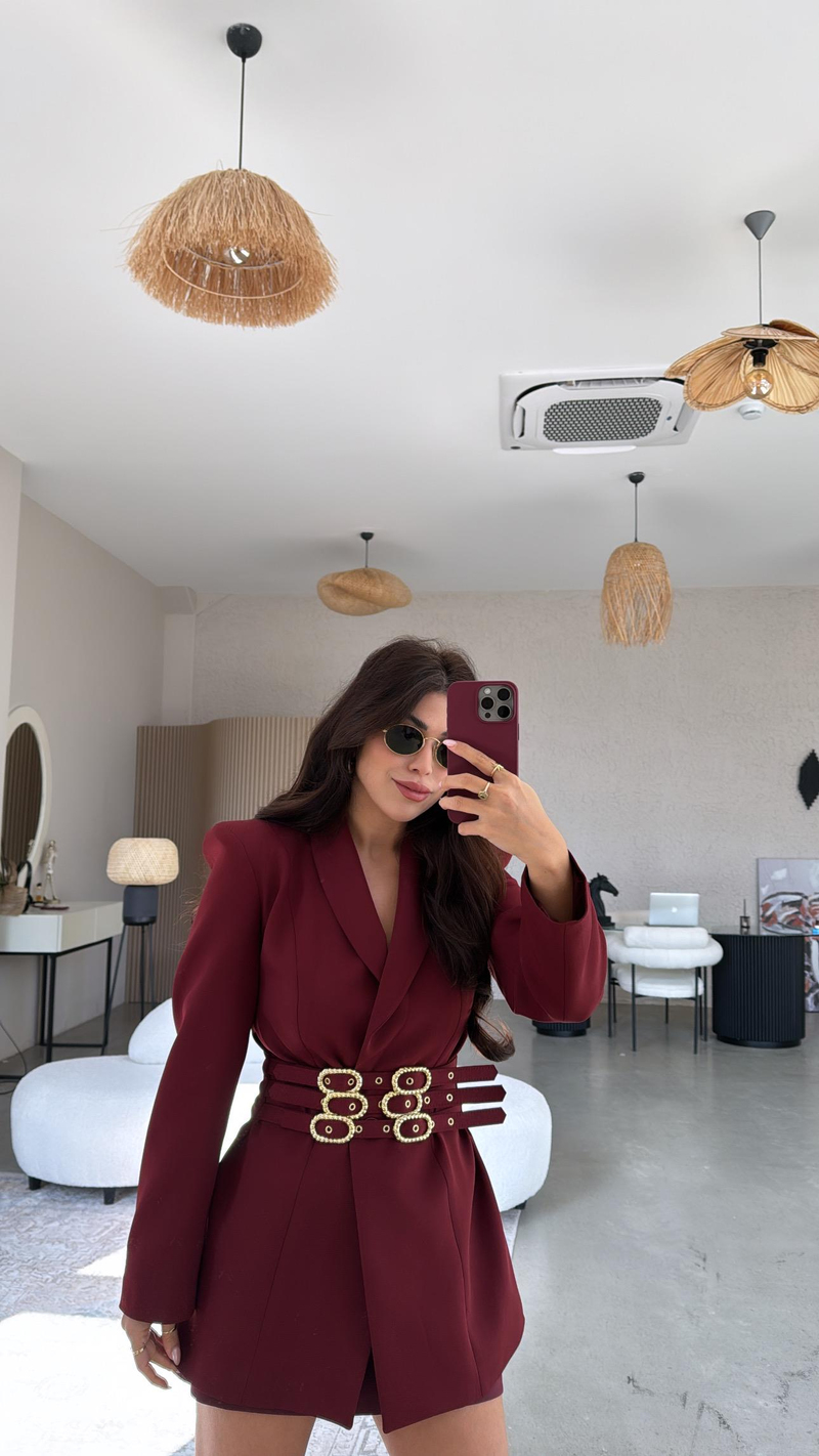 Bordo Gold Tokalı Premium Double Atlas Ceket