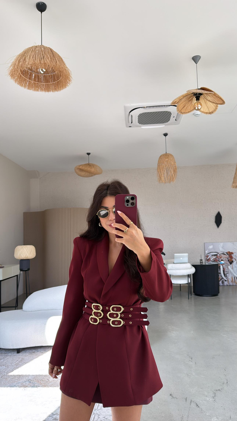 Bordo Gold Tokalı Premium Double Atlas Ceket