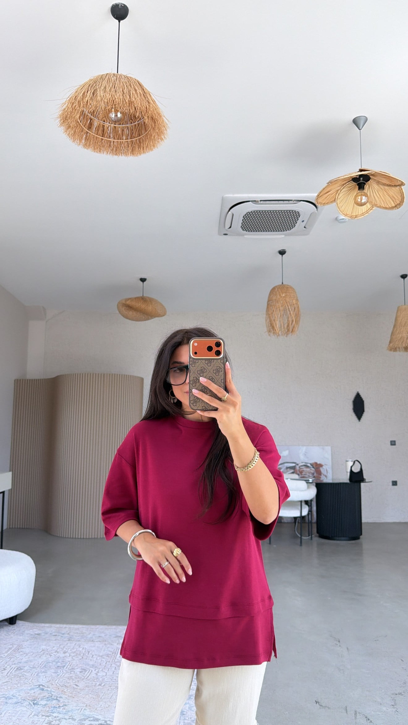 Bordo İnterlok Kumaş Altı Parçalı Basic Tshirt