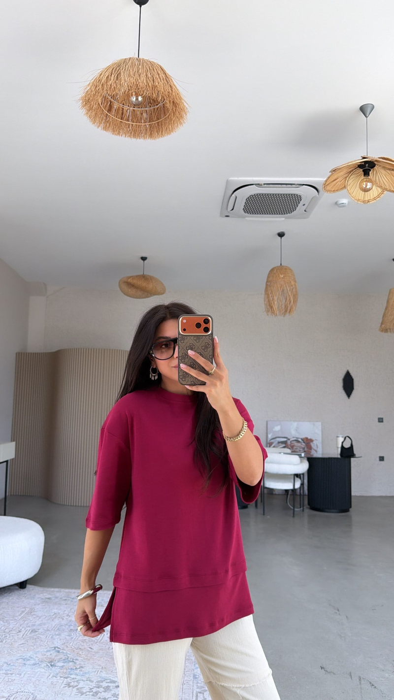 Bordo İnterlok Kumaş Altı Parçalı Basic Tshirt