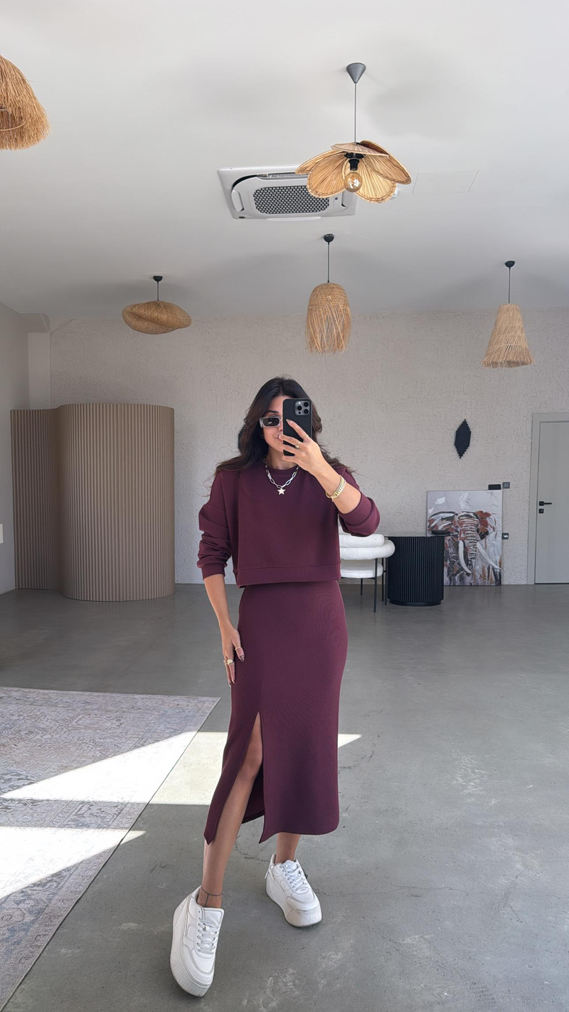 Bordo İthal Orijinal Kaşkorse Etek Sweatshirt Takım