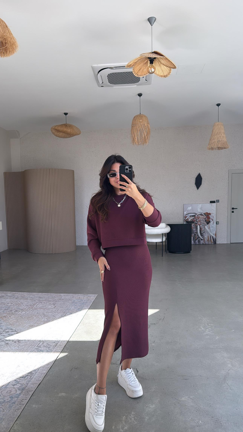 Bordo İthal Orijinal Kaşkorse Etek Sweatshirt Takım
