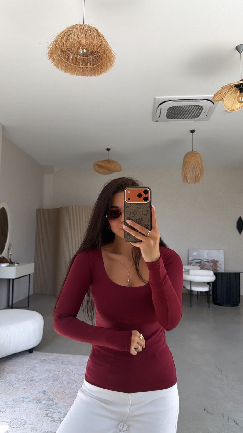 Bordo Kare Yaka Polyamid Bluz