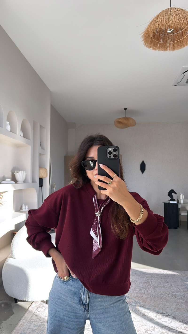 Bordo Kaşkorse Fularlı Sweatshirt