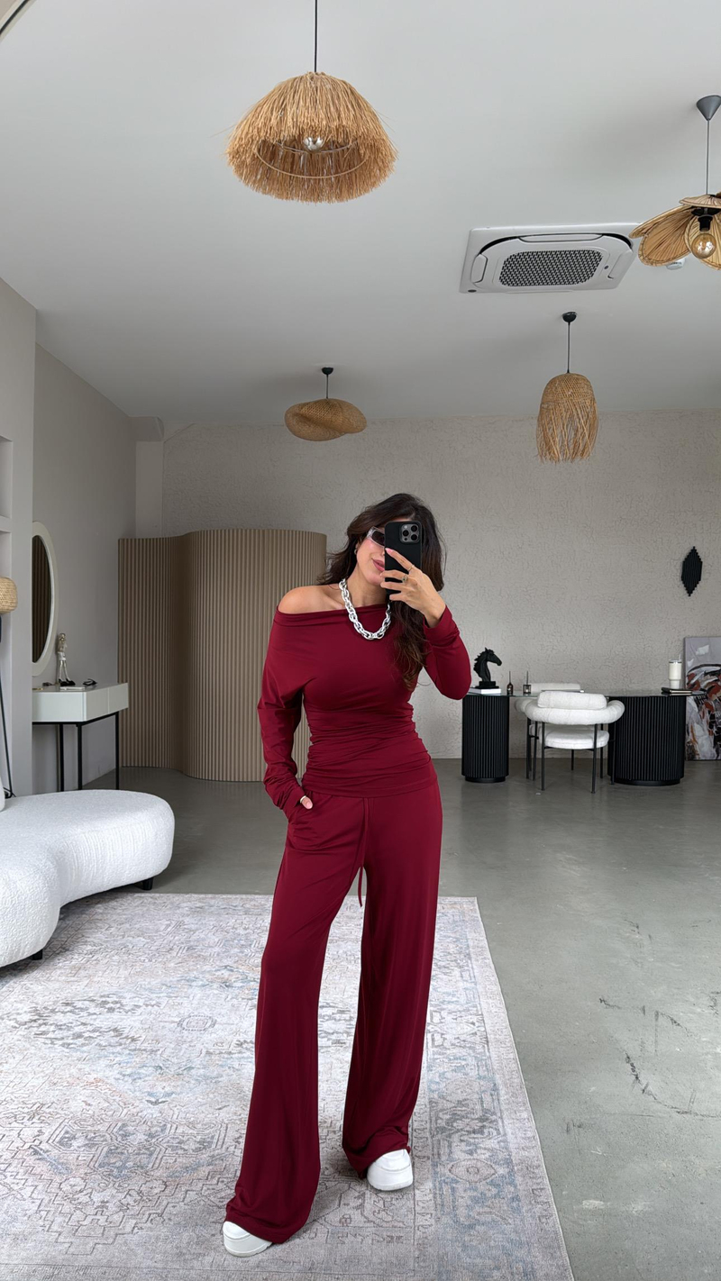 Bordo Kayık Yaka Modal Büzgülü Takım
