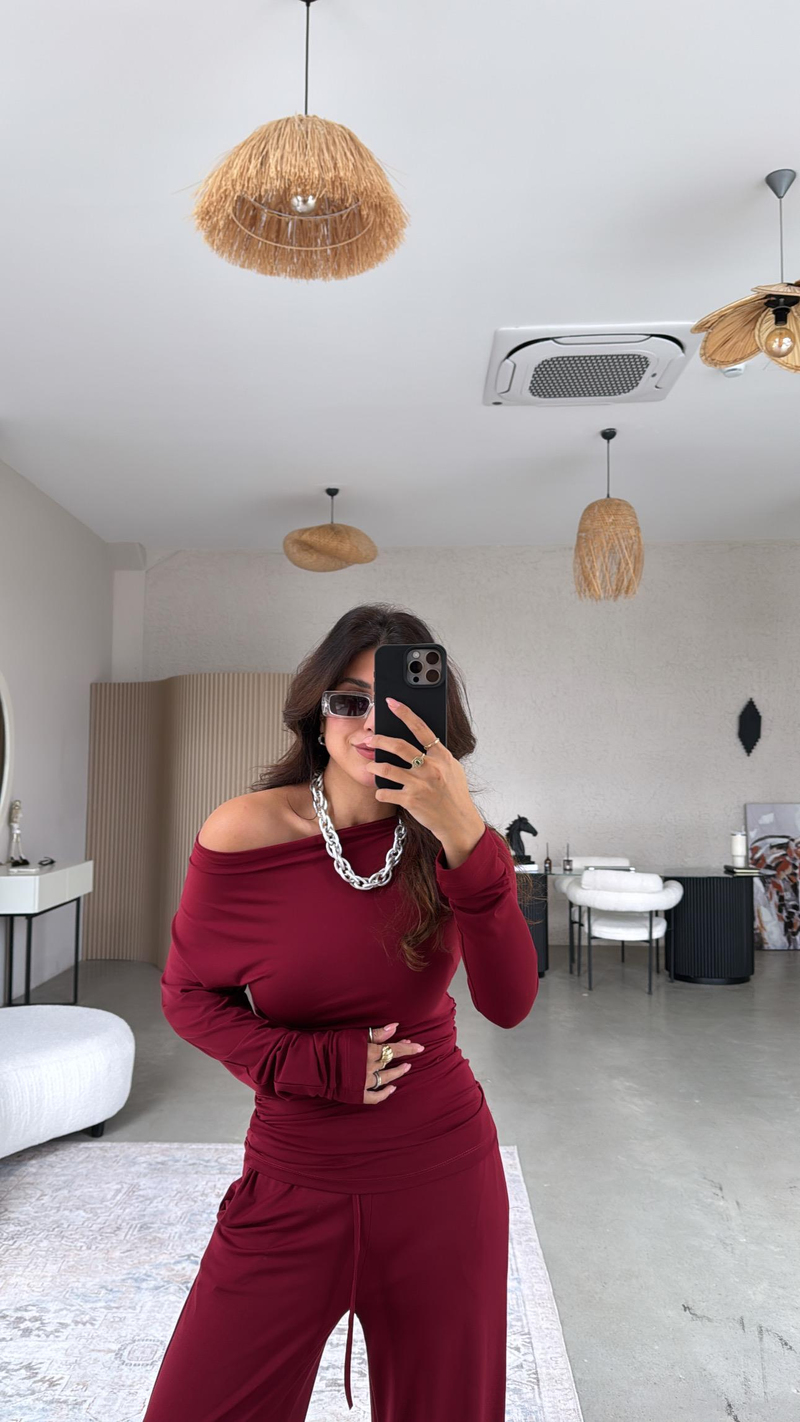 Bordo Kayık Yaka Modal Büzgülü Takım