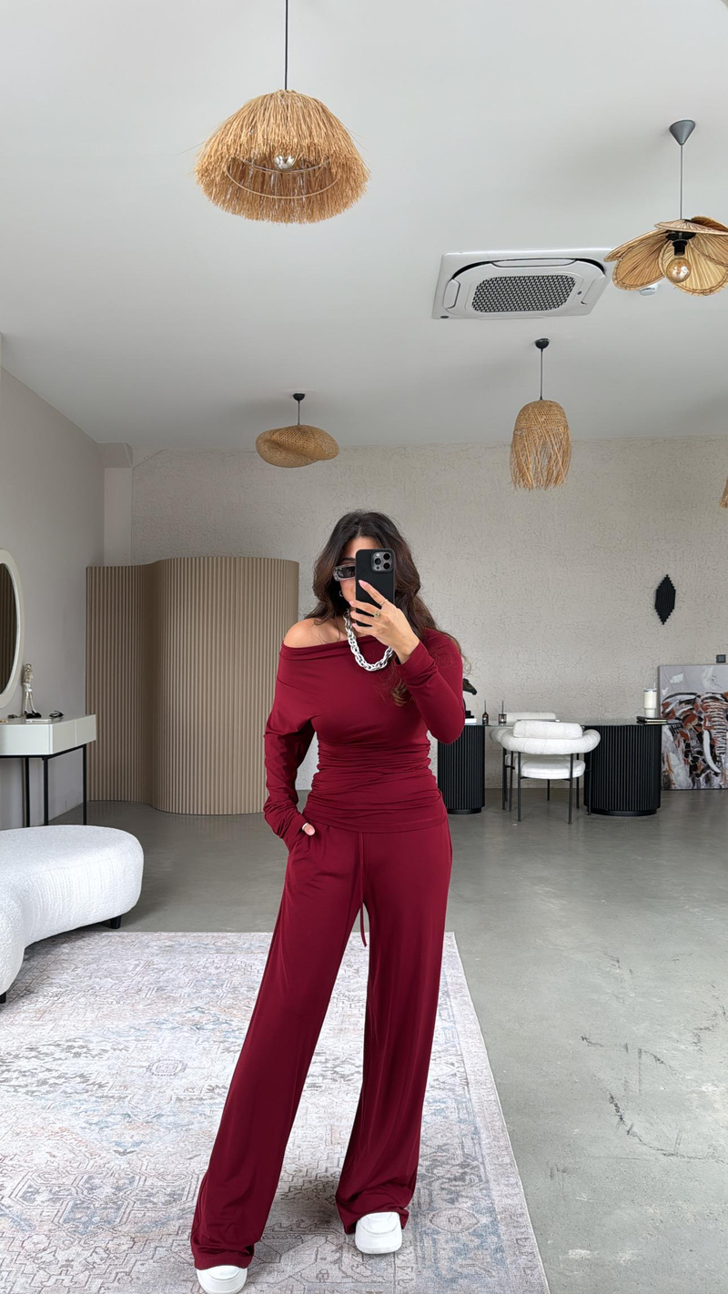 Bordo Kayık Yaka Modal Büzgülü Takım