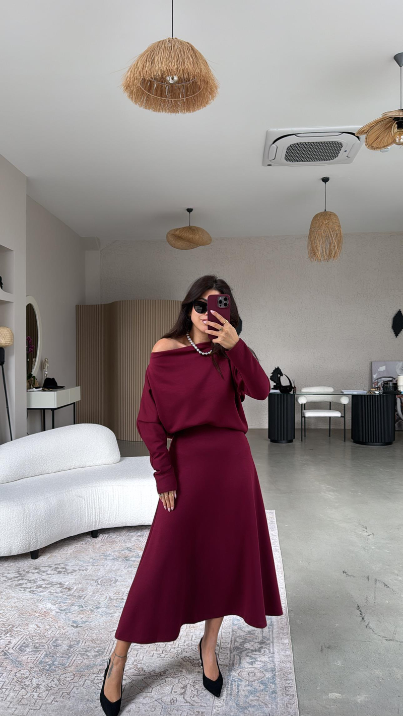 Bordo Kayık Yaka Modal Kumaş Etek Bluz Takım