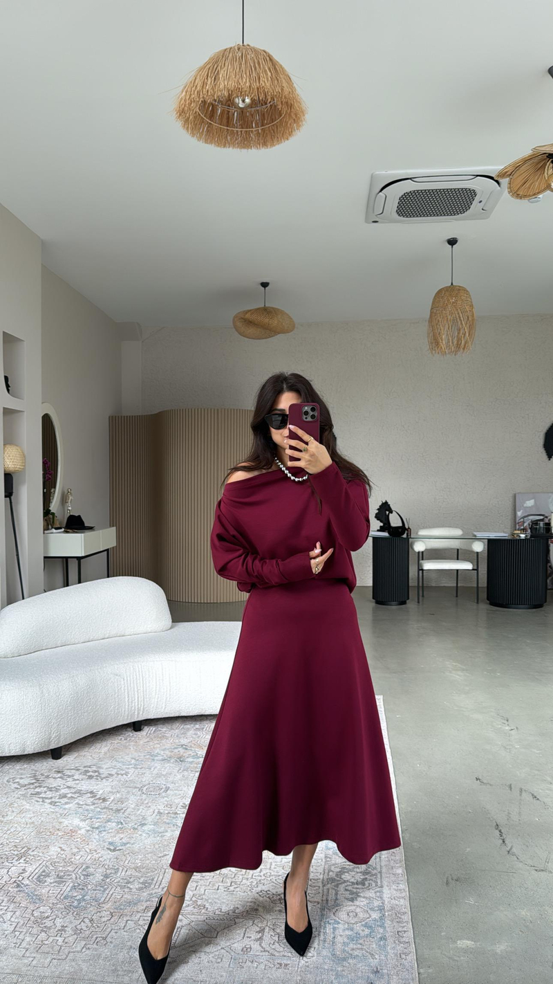 Bordo Kayık Yaka Modal Kumaş Etek Bluz Takım