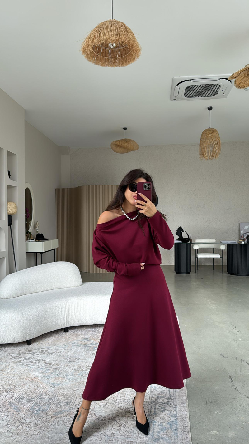 Bordo Kayık Yaka Modal Kumaş Etek Bluz Takım