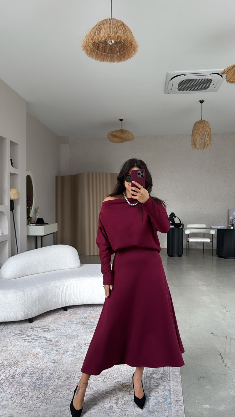 Bordo Kayık Yaka Modal Kumaş Etek Bluz Takım