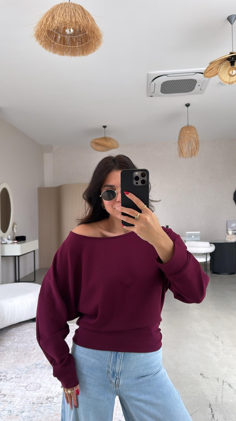 Bordo Kayık Yaka Modal Sweat Bluz