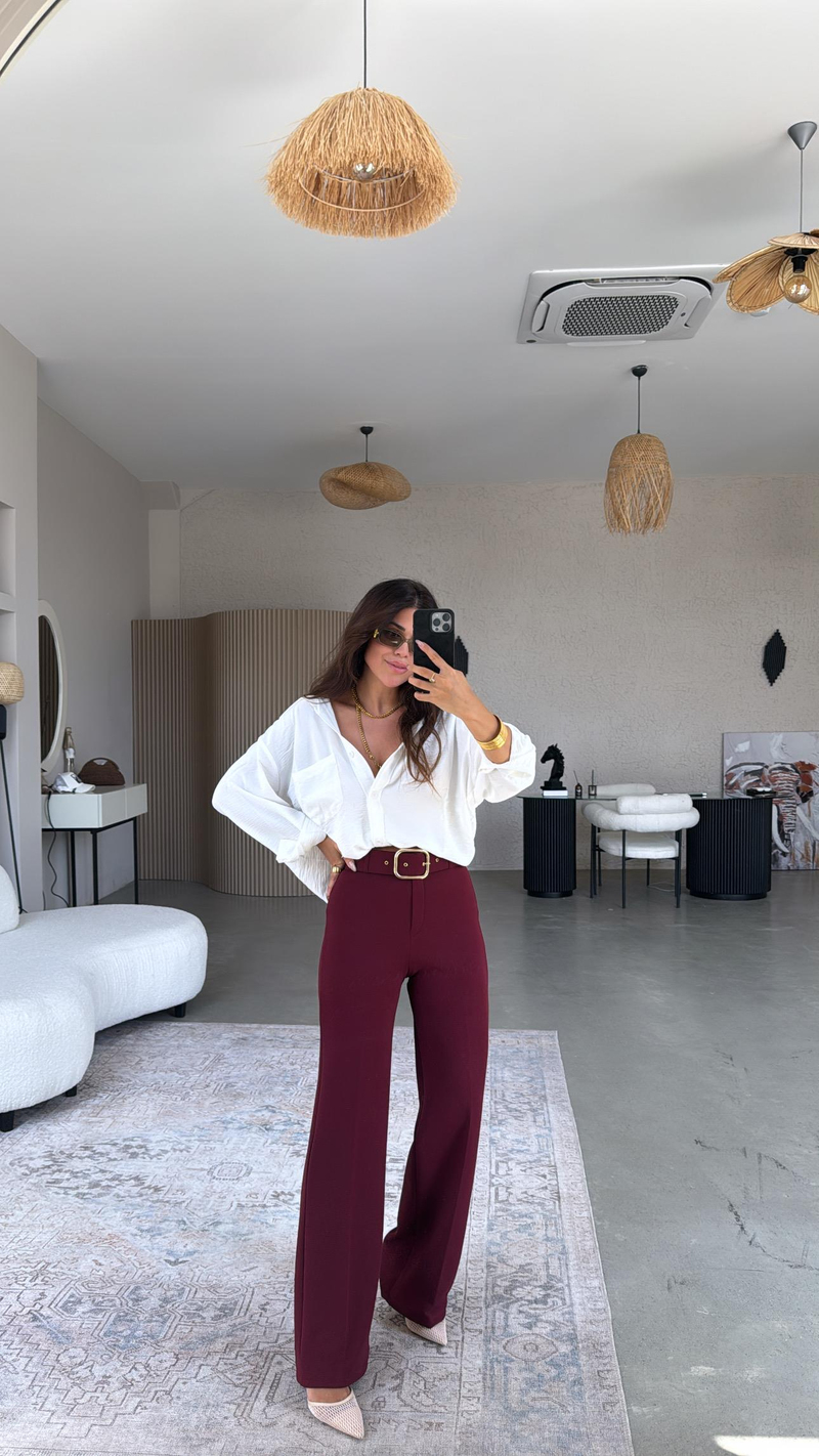 Bordo Kemerli Kumaş Pantolon