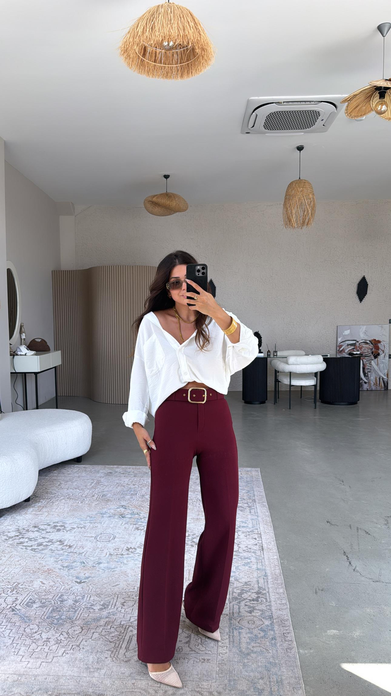 Bordo Kemerli Kumaş Pantolon