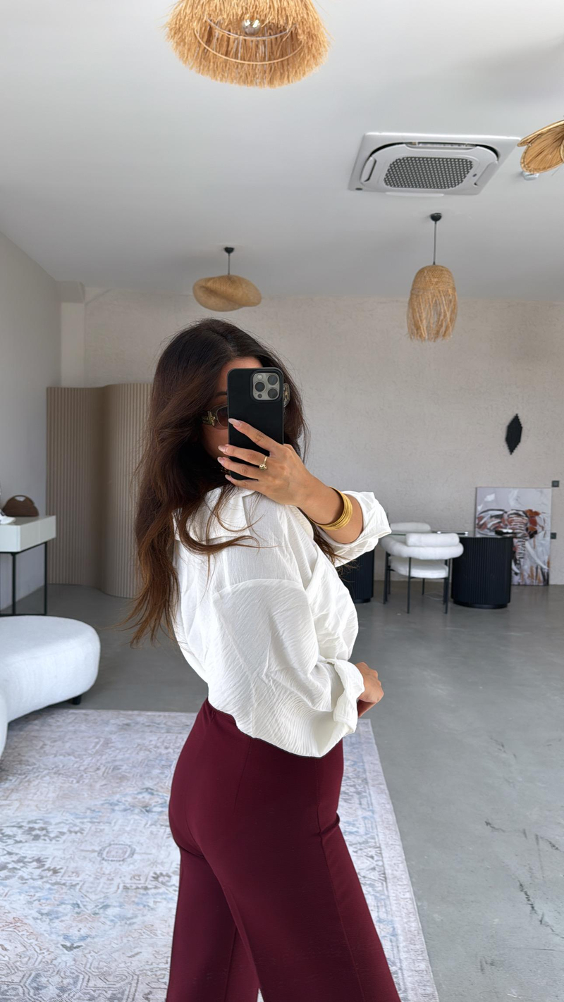 Bordo Kemerli Kumaş Pantolon