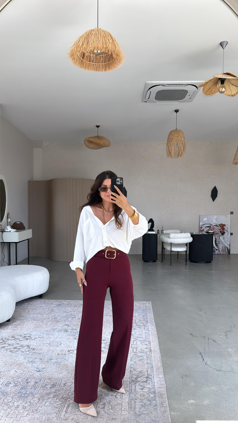 Bordo Kemerli Kumaş Pantolon