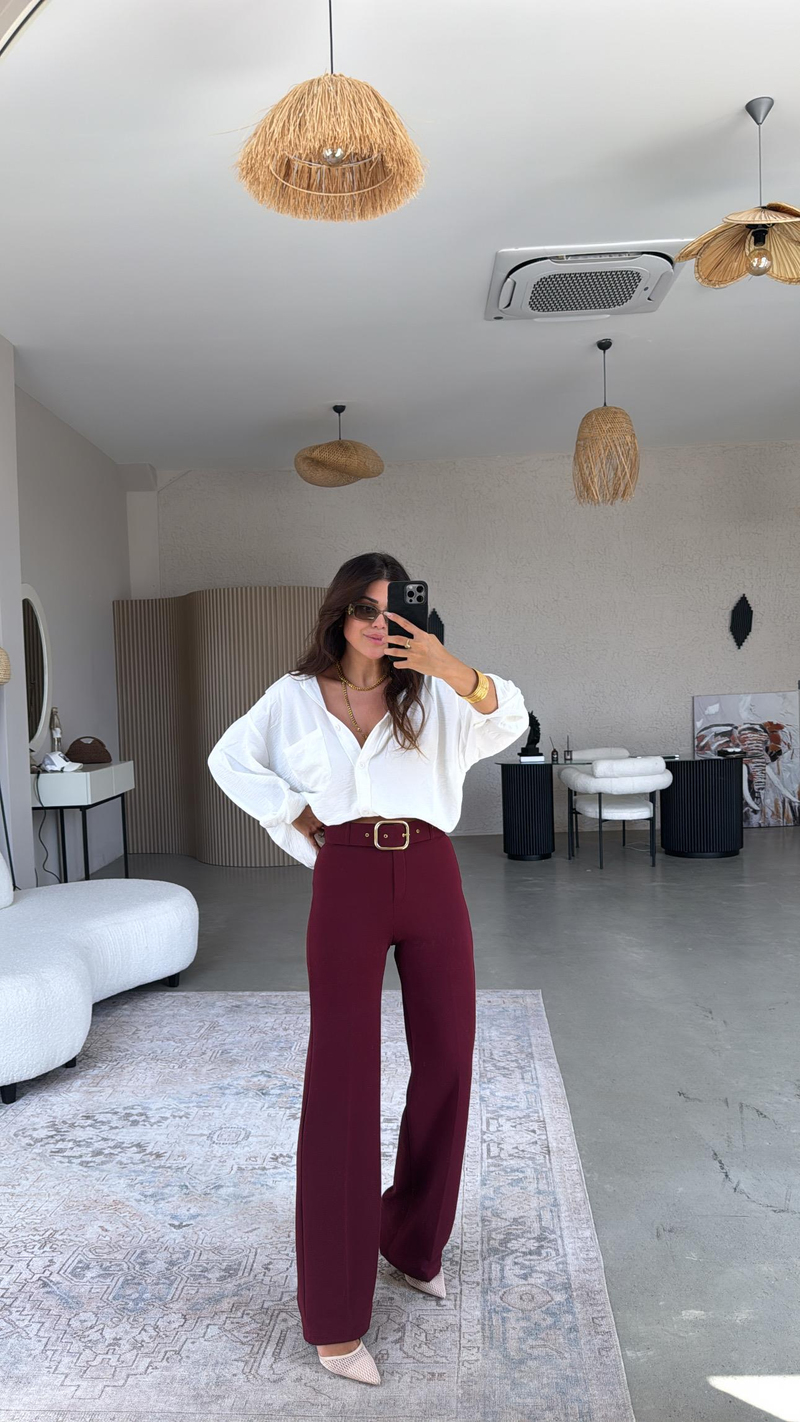 Bordo Kemerli Kumaş Pantolon