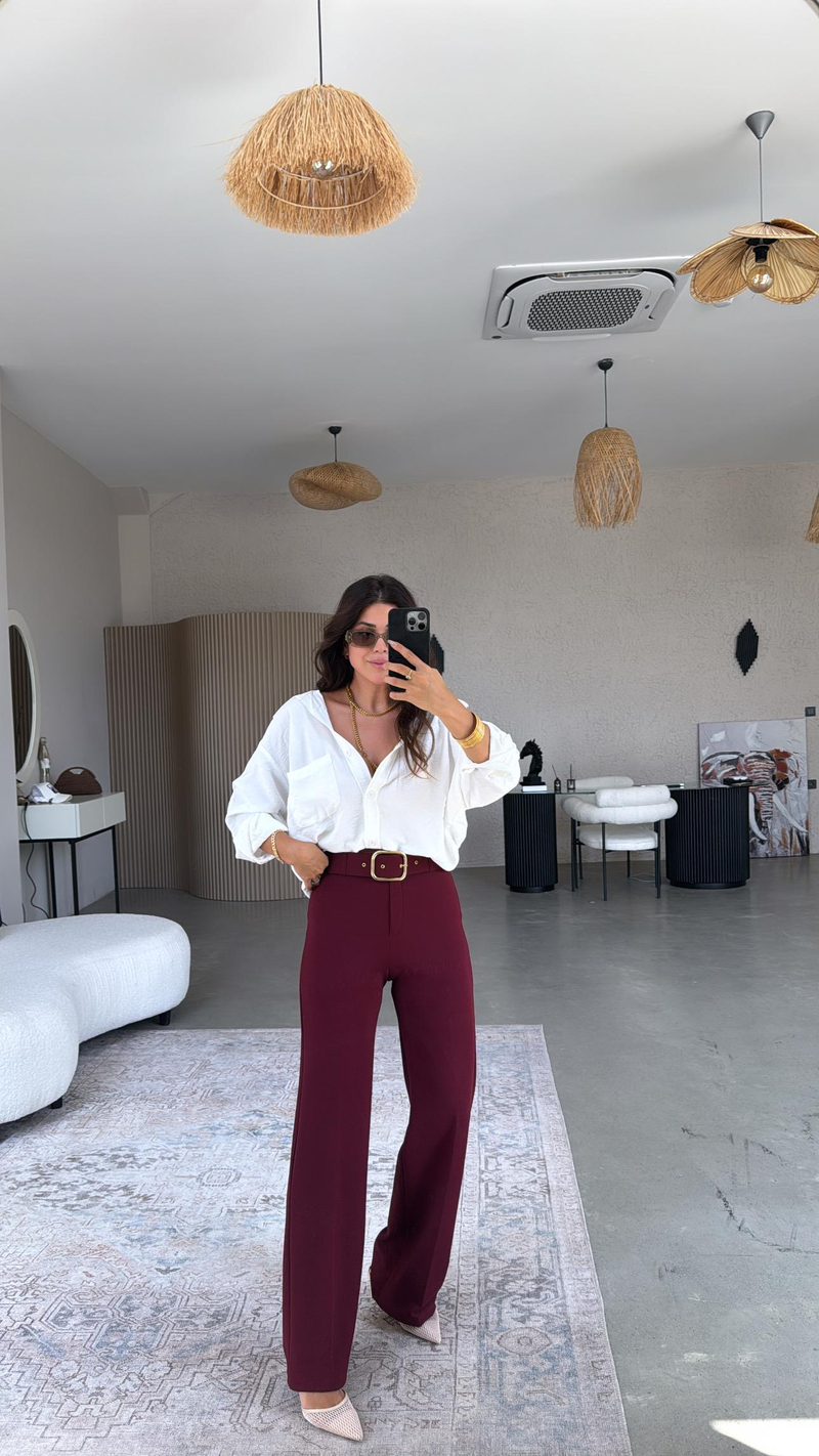 Bordo Kemerli Kumaş Pantolon