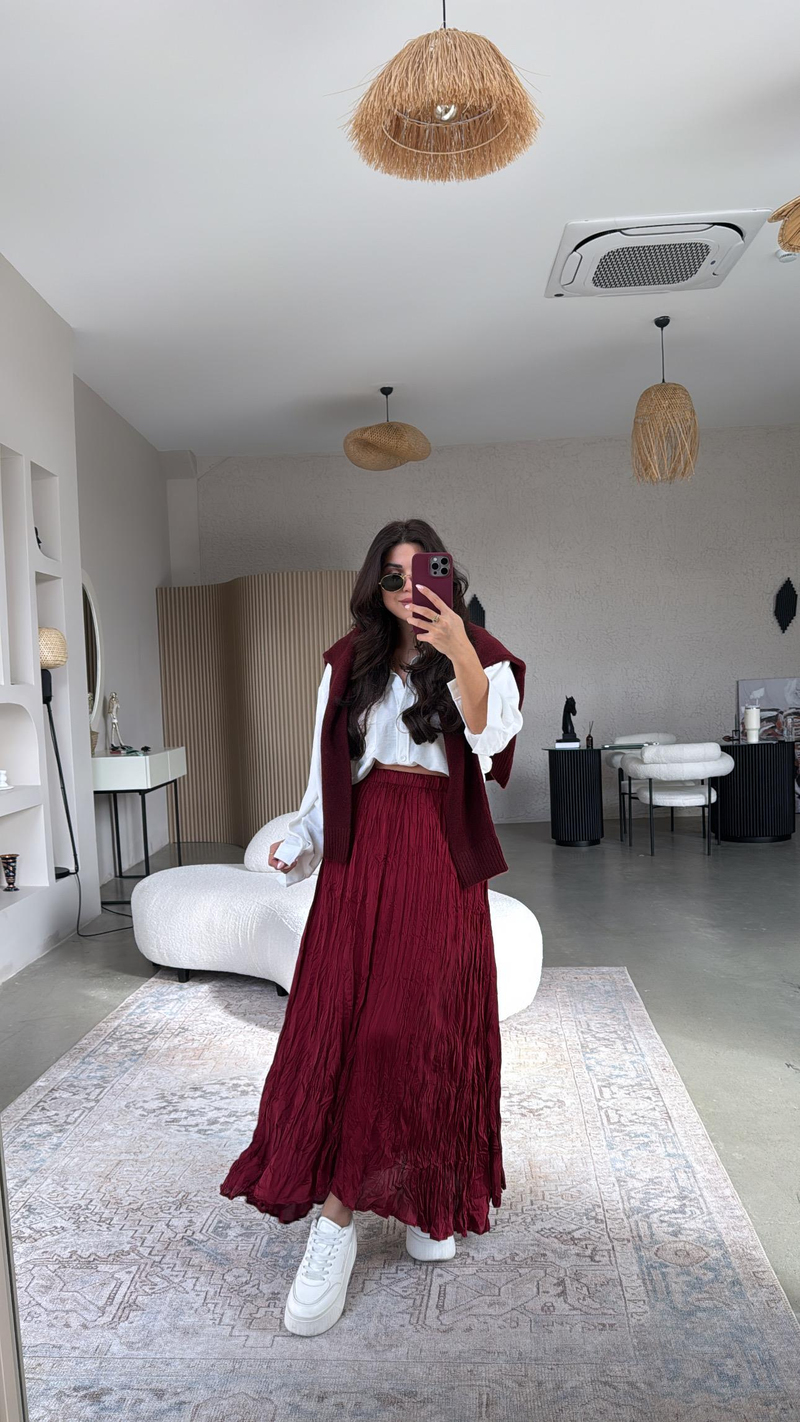 Bordo Kırışık Asimetrik Etek
