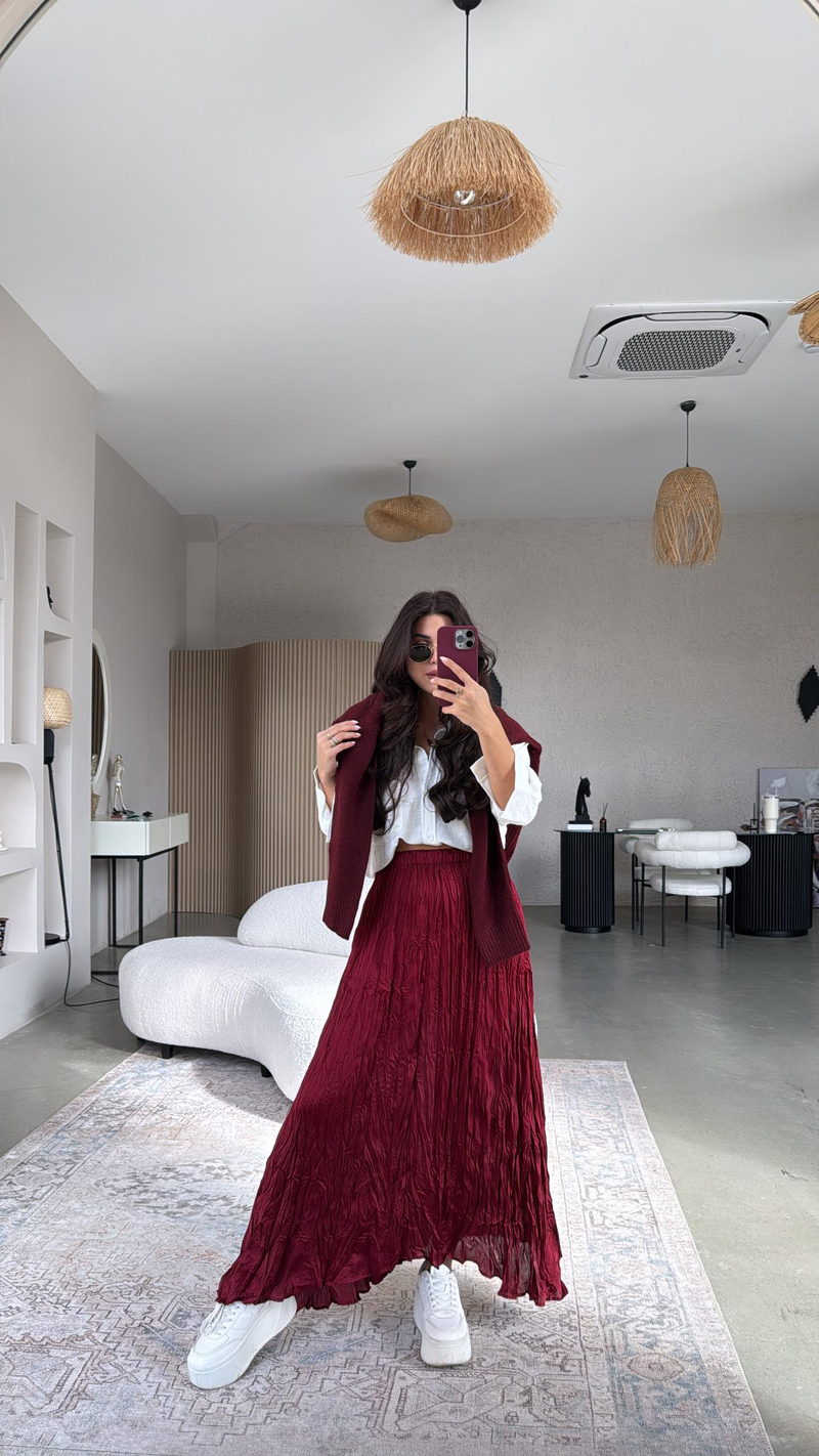 Bordo Kırışık Asimetrik Etek