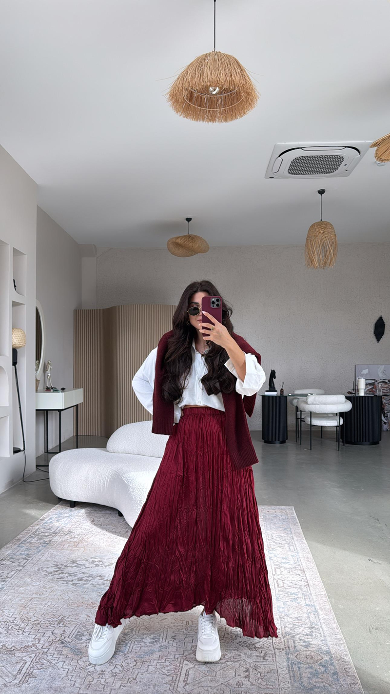 Bordo Kırışık Asimetrik Etek