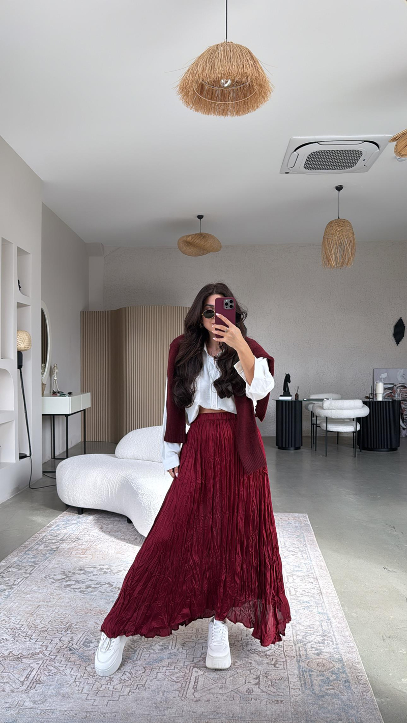 Bordo Kırışık Asimetrik Etek