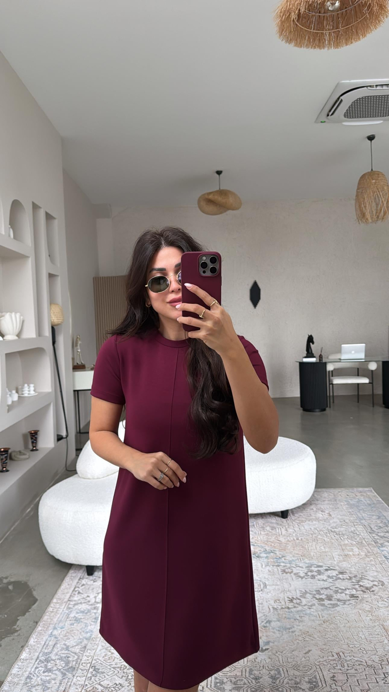 Bordo Kısa Kollu Ön Dikiş Detaylı Elbise