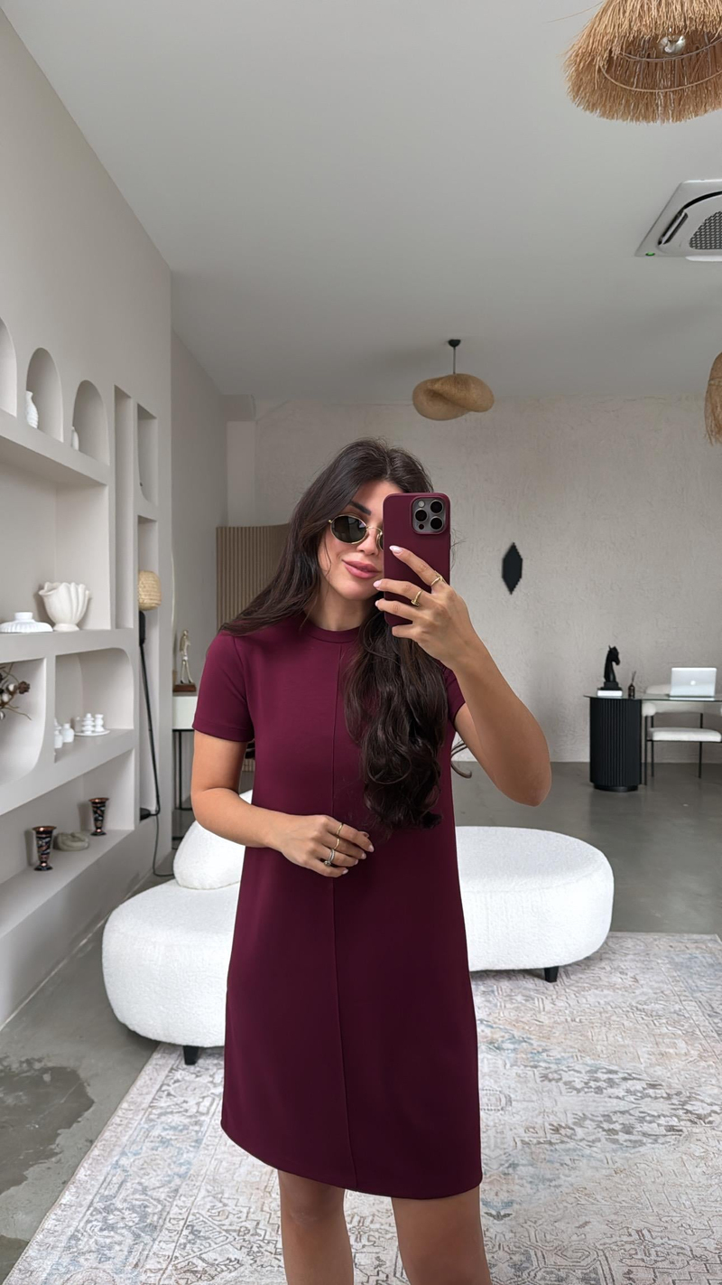 Bordo Kısa Kollu Ön Dikiş Detaylı Elbise