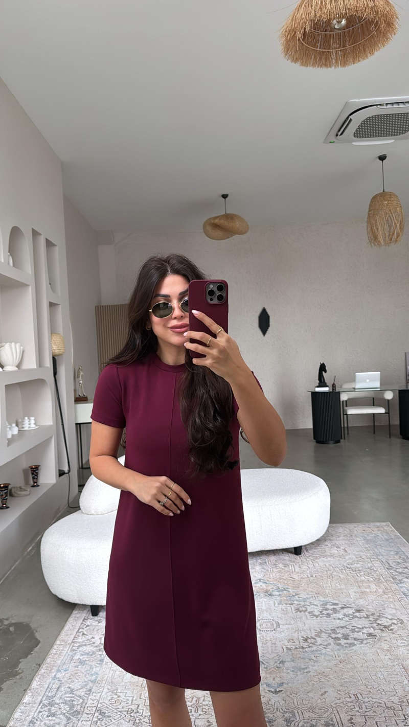 Bordo Kısa Kollu Ön Dikiş Detaylı Elbise