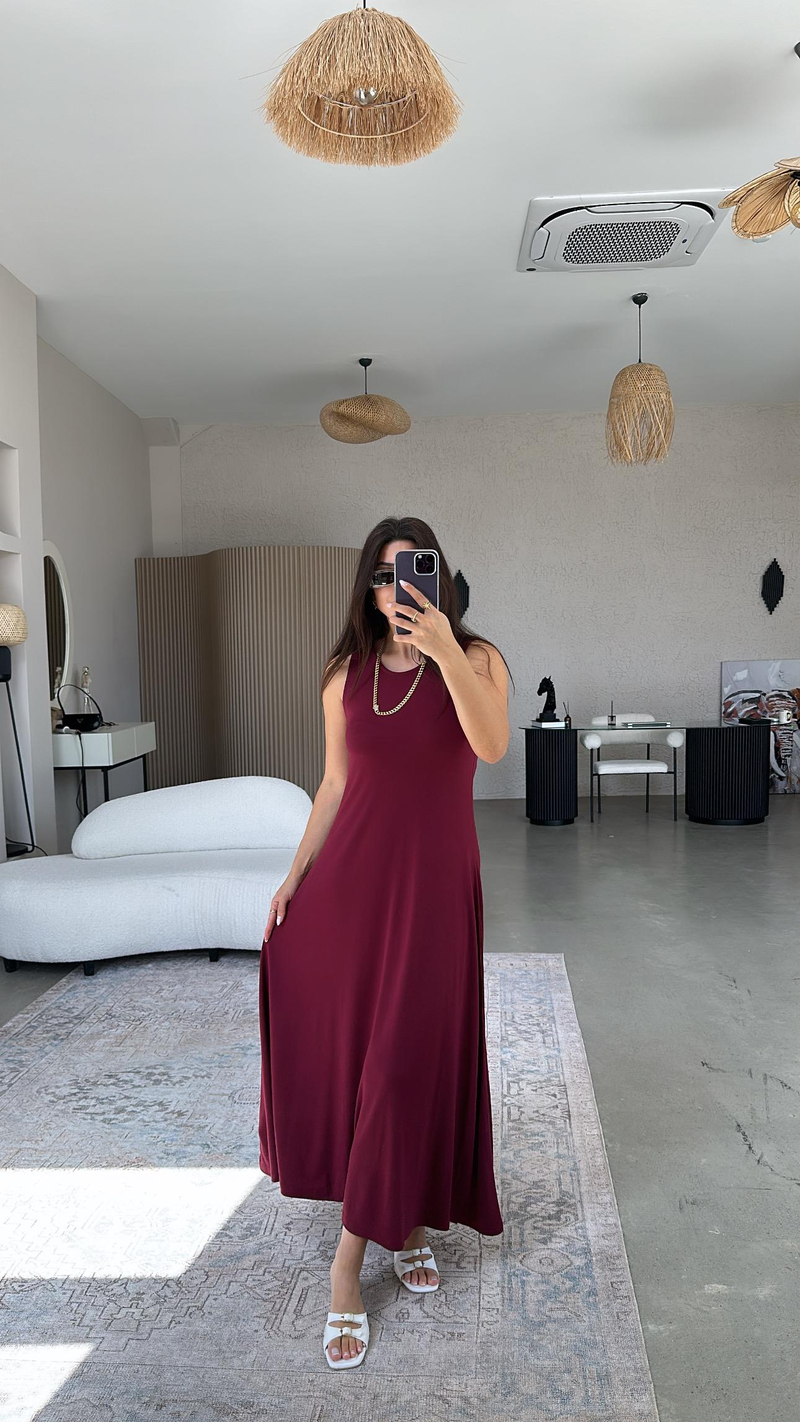 Bordo Kolsuz A Kesim Modal Elbise