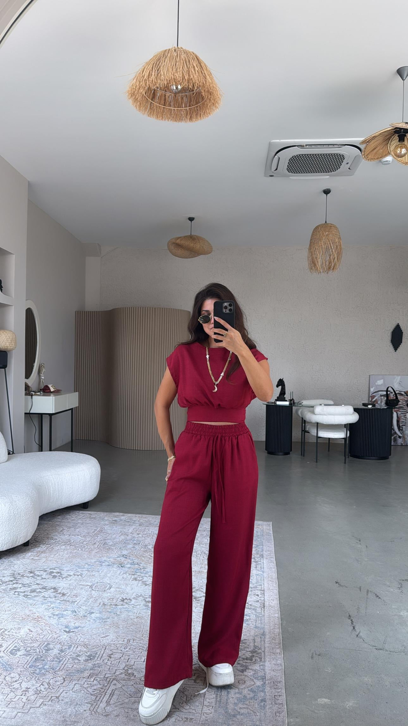 Bordo Kuşak Detaylı Pantolon Bluz Takım