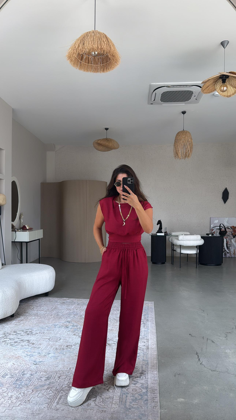 Bordo Kuşak Detaylı Pantolon Bluz Takım