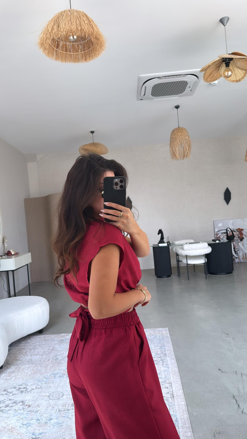 Bordo Kuşak Detaylı Pantolon Bluz Takım