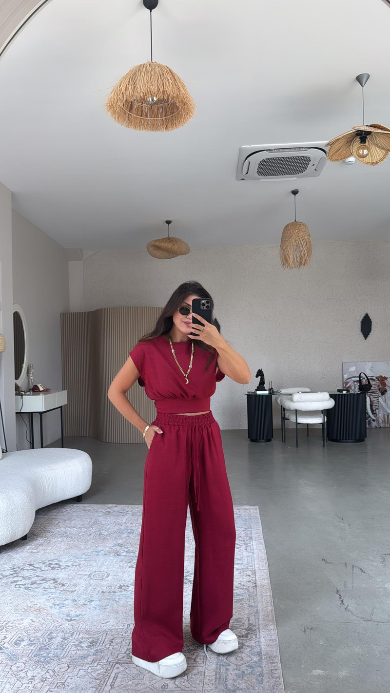 Bordo Kuşak Detaylı Pantolon Bluz Takım