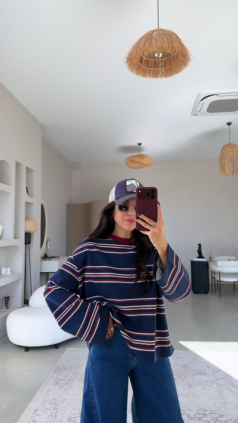 Bordo Lacivert Çizgili İki İplik Sweatshirt
