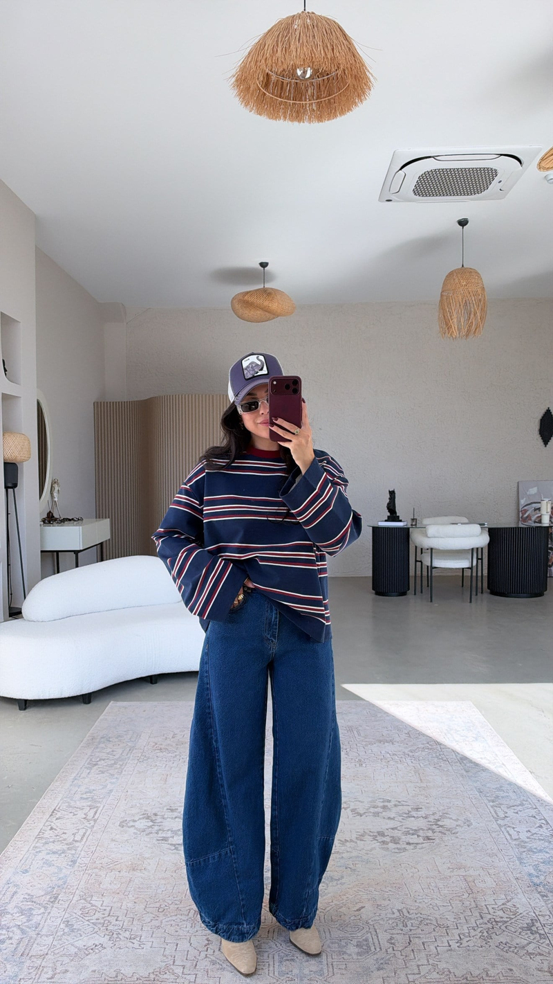 Bordo Lacivert Çizgili İki İplik Sweatshirt