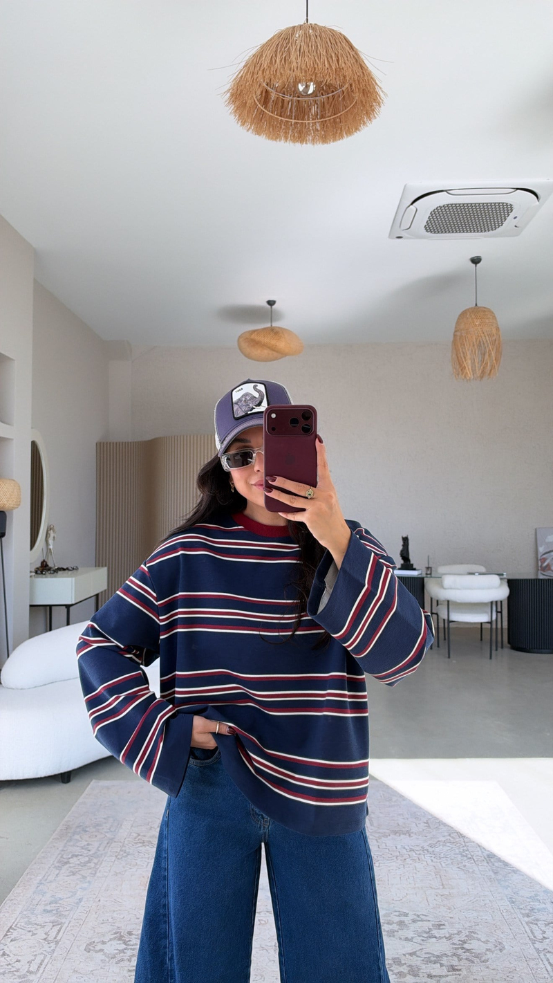 Bordo Lacivert Çizgili İki İplik Sweatshirt