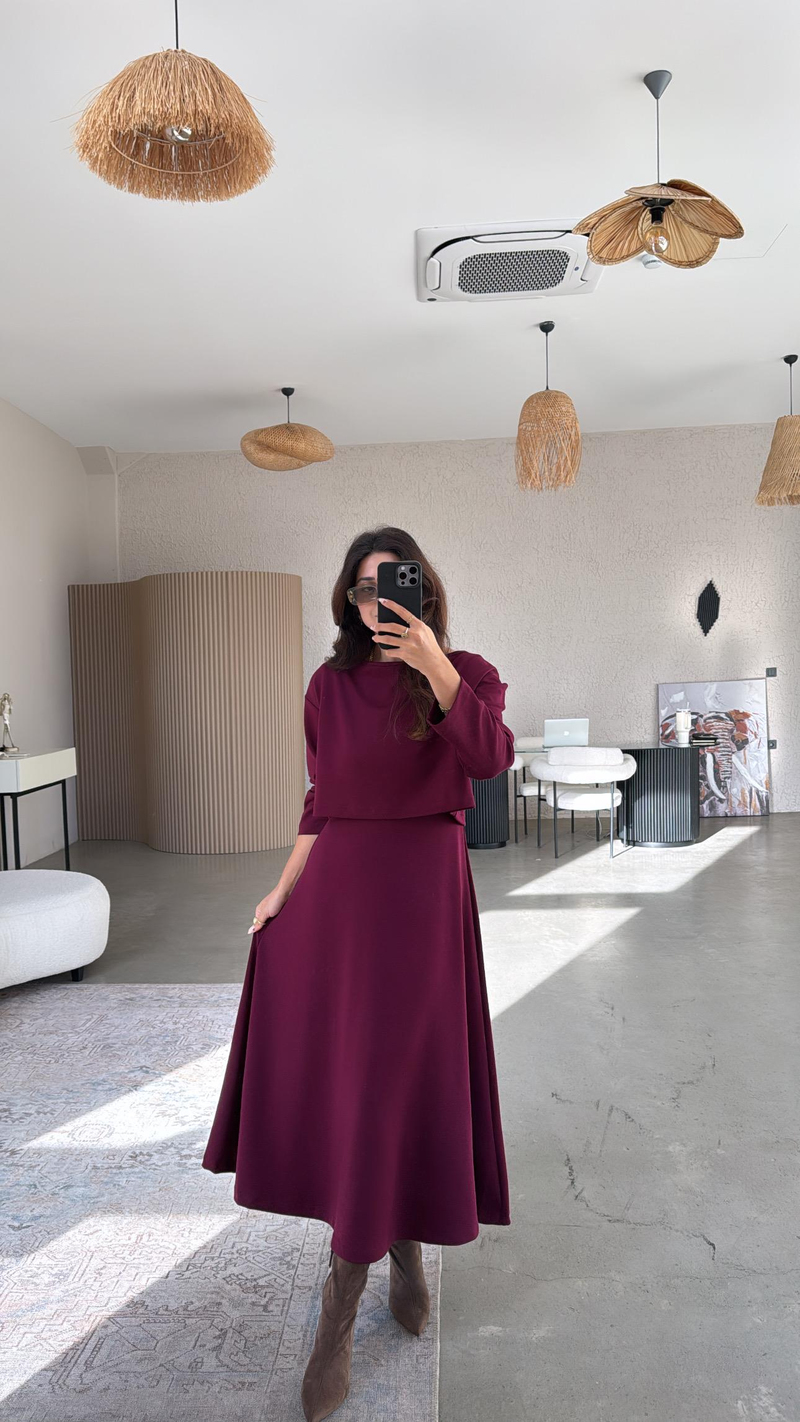 Bordo Modal Elbise Bluz İkili Takım